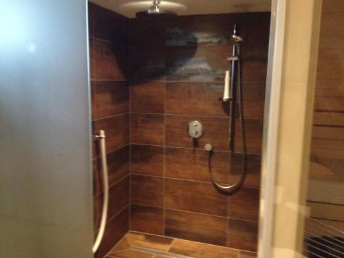 a shower with a hose in a bathroom at Apartpension Kappacher in Kaprun