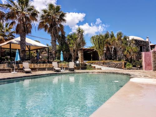 a swimming pool in a resort with palm trees at Dammuso Villa Giò in Pantelleria