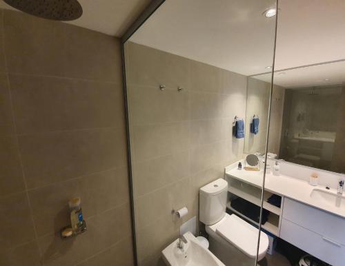 bagno con servizi igienici, lavandino e specchio di Modern apartment first line beach Montevideo UY a Montevideo