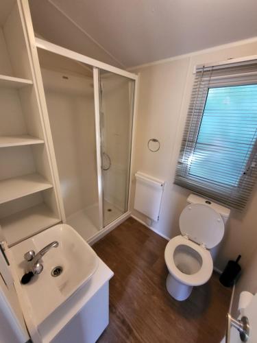 La salle de bains est pourvue de toilettes, d'un lavabo et d'une douche. dans l'établissement Caravan Kensington 46 at Marton Mere Blackpool, à Blackpool
