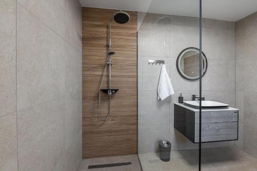 y baño con ducha, lavabo y espejo. en Domačija Vrški, en Slovenska Bistrica