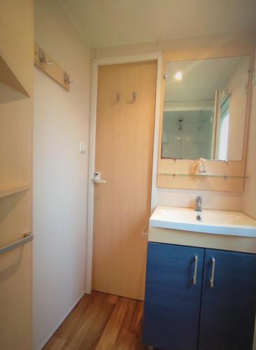 une salle de bain avec un lavabo et un miroir dans l'établissement Mobil-Home Cosy 5 personnes camping le Ried - Europapark, à Boofzheim