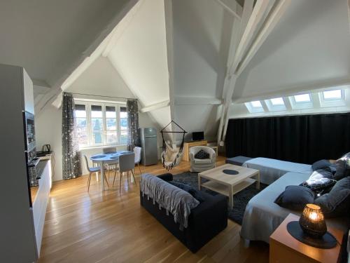 un salon avec un canapé et une table dans l'établissement Demeure Saint Louis Historic manor, City 700m, parking,A C,Clim,WIFI, heated pool, city view, à Carcassonne