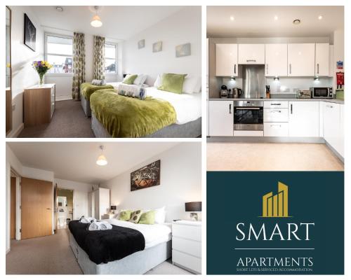 a collage of photos of a bedroom and a kitchen at Spacious City Center Apartment By Smart Apartments Short Lets & Serviced Accommodation Apartment Southampton With Free WiFi in Southampton