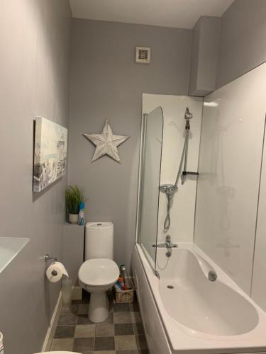 a bathroom with a toilet and a bath tub and a star at Home with a view in Moffat