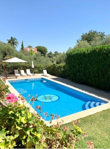 una piscina en un patio con arbustos en chalet con vistas a sevilla, en Gelves