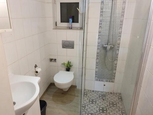 e bagno con servizi igienici, lavandino e doccia. di FMI33Deluxe Apartment a Haßloch