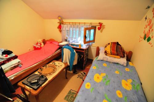 1 dormitorio con 2 camas, escritorio y mesa en Guest house Guča, en Guča