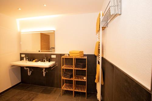 La salle de bains est pourvue d'un lavabo et d'un miroir. dans l'établissement Apart Christof, à Schwendau