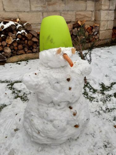 a snowman with a green hat on its head at Roubenka u Huvarů in Tachov