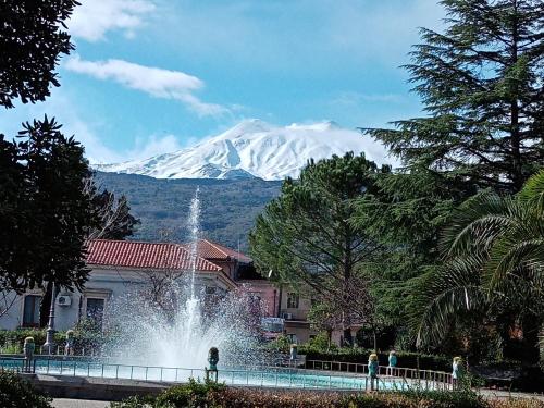 a snow covered mountain in the distance with a fountain at La Casa Dei Cestai in Linguaglossa