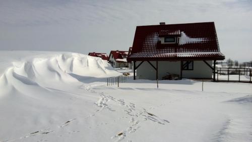 a house in the snow with footprints in it at Szarejkowe Wzgórza in Szarejki