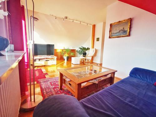 a living room with a blue couch and a table at Ferienwohnung Gisela in Steinigtwolmsdorf