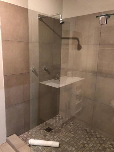 a shower with a glass door and a sink at 314 on Clark Guest House in Pretoria