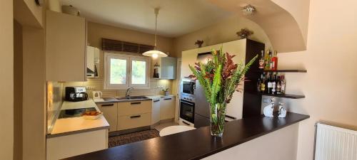 eine Küche mit einer Vase mit Blumen auf einer Theke in der Unterkunft Corfu Dream Holidays Villa Rania in Gouvia