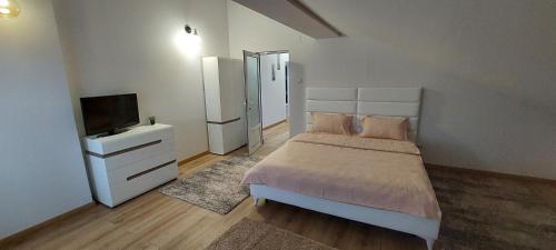 a bedroom with a bed and a flat screen tv at Central Palace Iași Apart in Iaşi