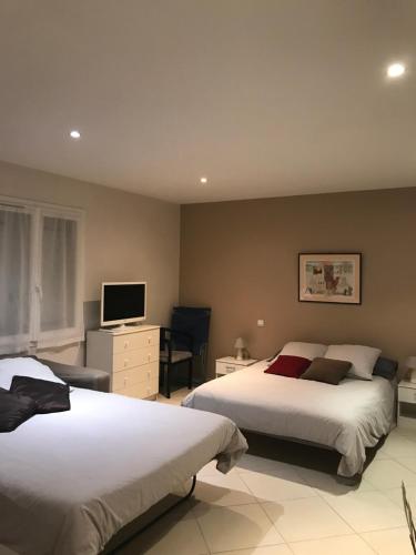 a bedroom with two beds and a desk and a television at Studio indépendant calme pas loin du centre in Nîmes