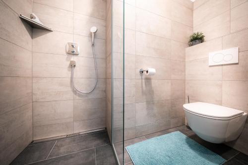 a bathroom with a toilet and a glass shower at Das Conrad by Schladming-Appartements in Schladming