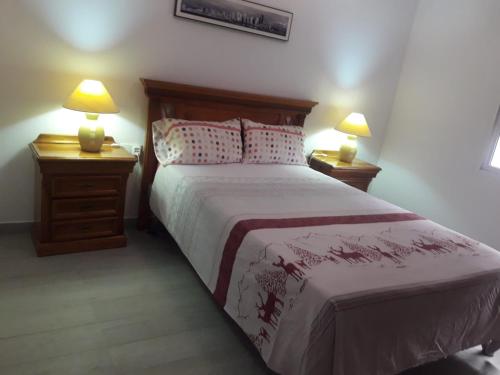 a bedroom with a bed and two night stands with lamps at Apartamento completo, mascotas aceptadas in Arenales del Sol