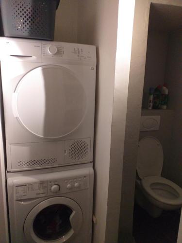 une petite salle de bains avec un lave-linge et des toilettes. dans l'établissement Maison Berrichonne 2 chambres cour et jardin, à Saint-Marcel