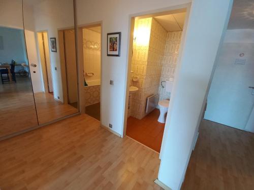 uma casa de banho com um chuveiro e um WC num quarto em LB1 Seeblick Appartement Haus Landskron direkt am Ossiachersee em Landskron