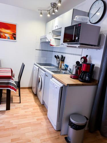 une cuisine avec un évier et une machine à laver dans l'établissement Appartement*** T2 + cabine pour 4 personnes, à Cauterets