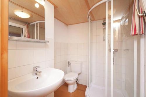 een badkamer met een toilet, een wastafel en een douche bij Appartement im Sport- und Seminarhaus Walsertal 