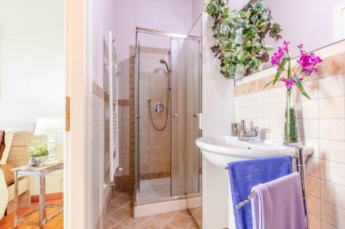 ein Bad mit einer Dusche, einem Waschbecken und einem WC in der Unterkunft Kinzia FARMHOUSE APARTMENT close to Lucca Walls in Lucca