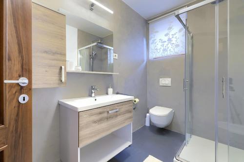 a bathroom with a sink and a shower and a toilet at Villa Asi in Vrsar