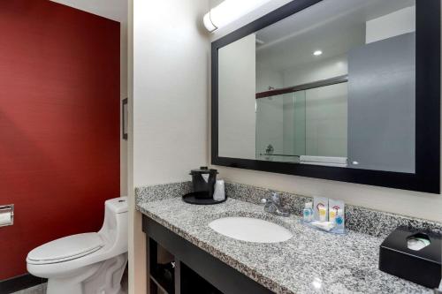a bathroom with a toilet and a sink and a mirror at Comfort Inn & Suites near Stadium in Bronx