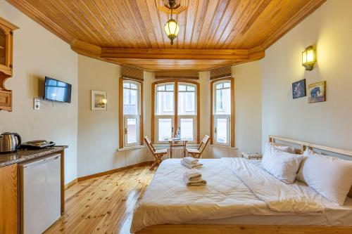 een slaapkamer met een groot bed en een houten plafond bij Cozy Flat in Balat, Fatih in Istanbul