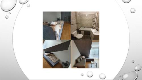 eine Collage mit Fotos eines Zimmers in der Unterkunft Riadorma Apartman in Cserkeszőlő