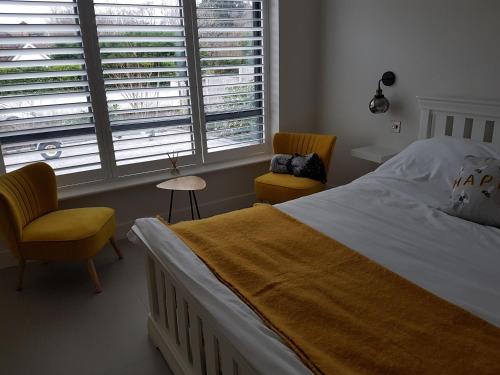 1 dormitorio con 1 cama, 2 sillas y ventana en Petite Anchorage, en Christchurch