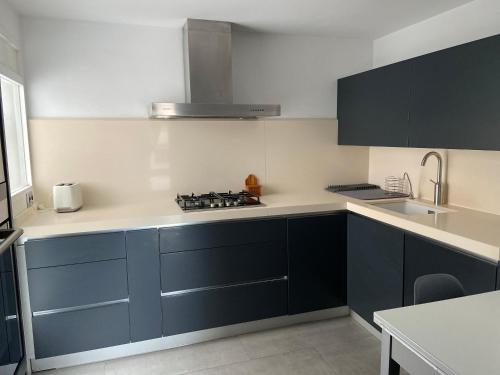 una cocina con armarios de color azul oscuro y fregadero en Cute apartment, en Valencia
