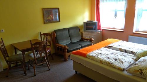 een slaapkamer met een bed, een stoel en een tafel bij Vila Lenka in Rokytnice nad Jizerou