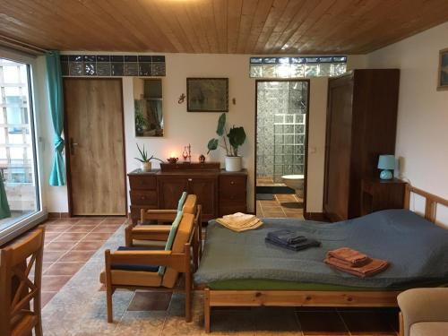 een slaapkamer met een bed en stoelen en een badkamer bij Na vyhlídce in Vrané nad Vltavou