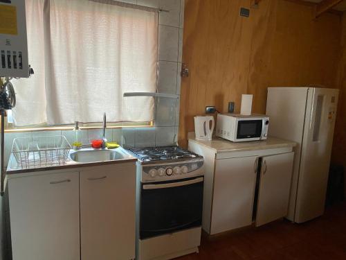a kitchen with a stove and a sink and a refrigerator at Cabaña Cris in Cochrane