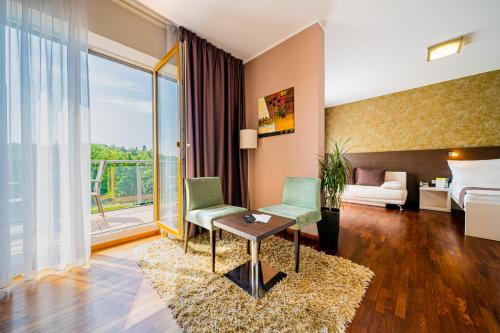 a hotel room with a bed and a room with a view at Maximus Resort in Brno