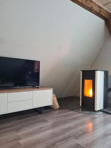 a living room with a fireplace and a tv at Wanderhütte Zum Glückstal in Neuhaus am Rennweg