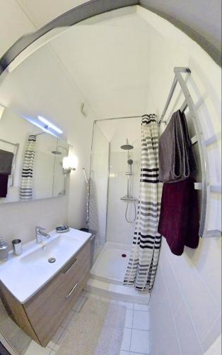 une salle de bain blanche avec un lavabo et un miroir dans l'établissement Petit studio Limoges gambetta, à Limoges