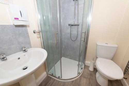 a bathroom with a shower and a toilet and a sink at Seaways glamping, Silverbirch in Great Driffield