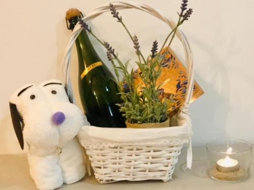 a white basket with a bottle of wine and a plant at Soléa House Hotel Boutique in Benicàssim