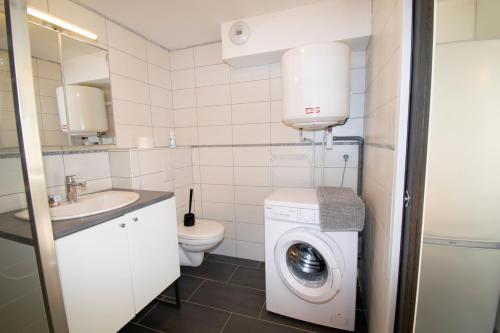 y baño pequeño con lavadora. en Studio 002 neuf proche gare TGV, A36 et Hôpital, en Botans