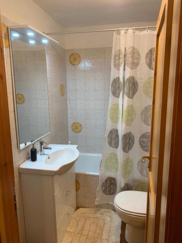 La salle de bains est pourvue d'un lavabo, de toilettes et d'un rideau de douche. dans l'établissement Appartamento panorama, à Folgarida