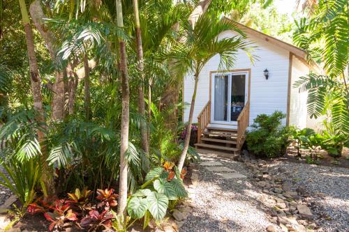 a small white house with palm trees in front of it at Angeli Gardens Boutique Hotel in San Pedro Sula