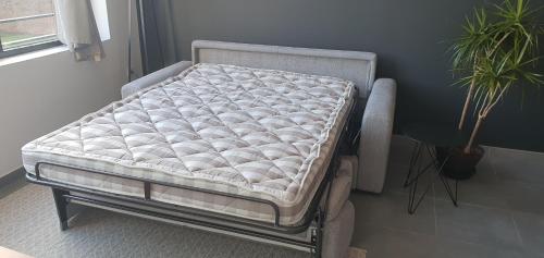un colchón en un marco de cama en una habitación con una planta en Appartement-chic parking privé, en Tourcoing
