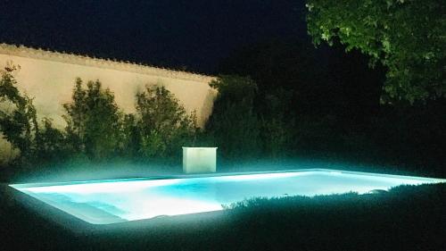 a swimming pool in a yard at night at Manoir du Bois Mignon in Le Fleix