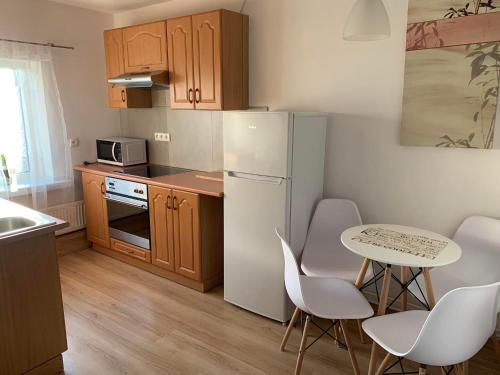 een keuken met een witte koelkast en een tafel en stoelen bij Noclegi-Apartamenty Kłodzko Verona in Kłodzko
