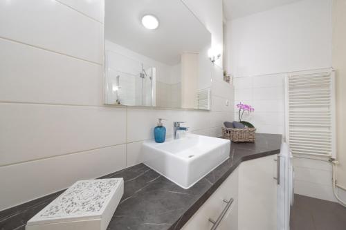 W białej łazience znajduje się umywalka i lustro. w obiekcie Elisabeth Apartment on Váci Street w Budapeszcie