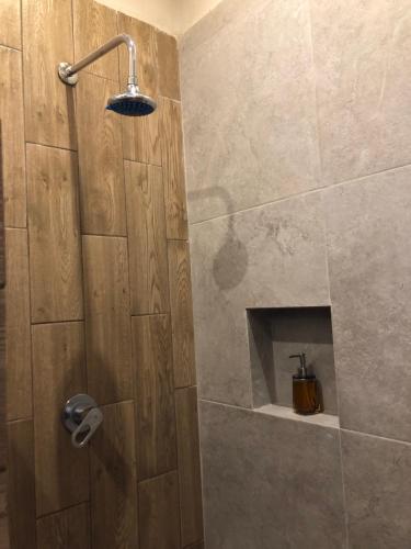 baño con ducha y puerta de cristal en Departamento para 4 Personas Sueñitos en Bacalar en Bacalar